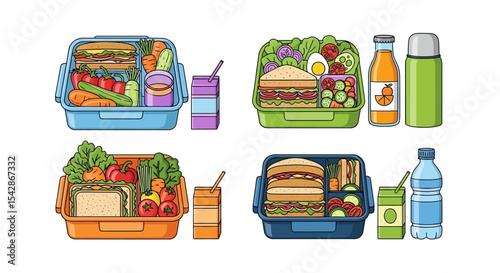 Colorful Illustrated Lunchboxes with Sandwiches, Fruits, and Drinks