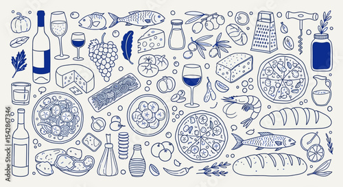 Hand-drawn Italian Food and Drink Illustration in Blue and White