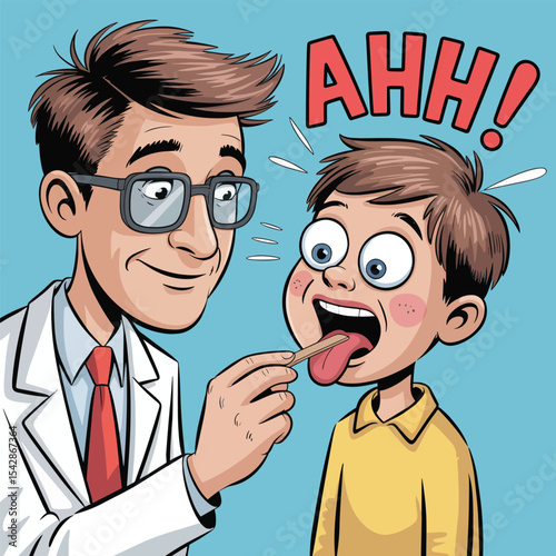 A doctor examining a young boy's throat with a tongue depressor who is saying ahh during a medical checkup

