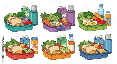 Colorful Variety of School Lunchboxes with Healthy Food and Drinks