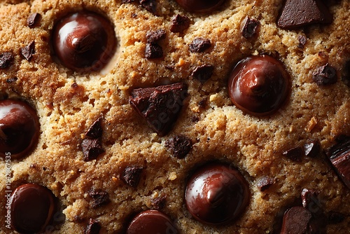 Close-up of chocolate chip cookie, detailed texture and chocolate drops on surface.