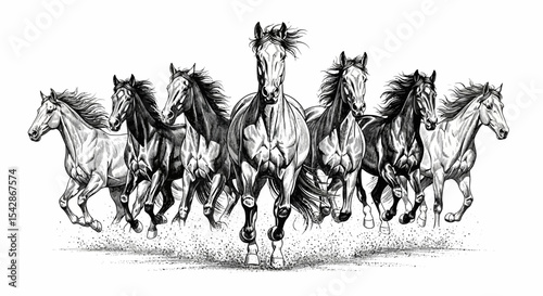 Six Horses in Motion: A Dynamic Black and White Ink Drawing of Galloping Equines