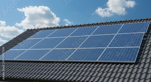 太陽光パネルと青空のある住宅屋根