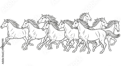 Outlined Herd of Running Horses in Dynamic Motion, White Background.