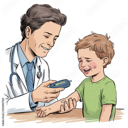 A doctor checks a crying child's blood sugar with a glucometer in a medical setting with a smile on his face
