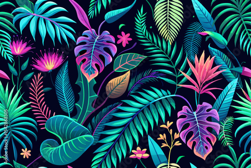 Vibrant Tropical Foliage Pattern with Neon Accents Featuring Exotic Leaves and Flowers in a Lush Dense Arrangement on a Dark Background Ideal for Wallpaper and