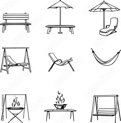 Black-and-White Vector Illustrations of Outdoor Leisure Furniture – Benches, Swings, Fire Pits, and Relaxation Setups