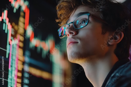 Young investor analyzes market trends with hope while observing stock charts at home, young investor looking hopefully at the charts of the cryptocurrency stock market