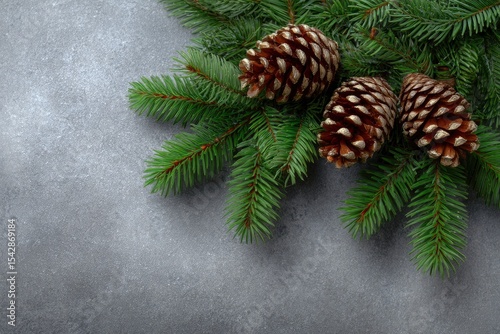 Fir boughs and pine cones on a grey background