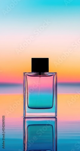 Colorful perfume bottle against sunset