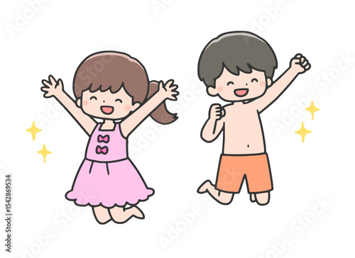 笑顔でジャンプする水着姿の子どもたち