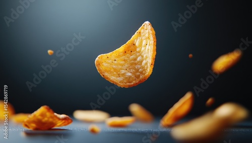 Crispy tortilla chip in mid-air, surrounded by falling chips