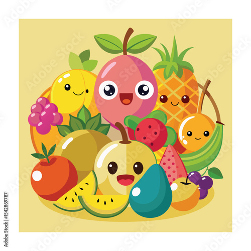 Cute Cartoon Fruit Illustration: Pineapple, Guava, Watermelon, Orange, Apple, and More!