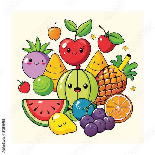 Kawaii Fruit Cartoon: Whimsical Illustration of Colorful Fruits with Cute Faces