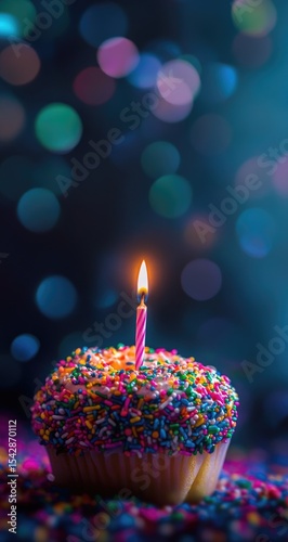 Single cupcake with a lit candle, colorful sprinkles, and bokeh