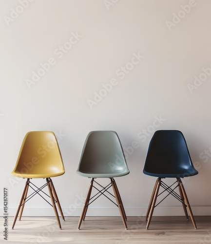 Three colorful chairs against a white wall