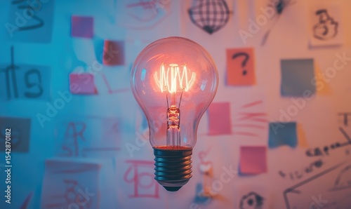 Warm lightbulb against a backdrop of sticky notes and sketches
