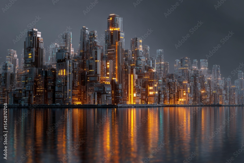 Fototapeta premium Futuristic city skyline reflected in water metallic skyscrapers with glowing orange windows stand tall