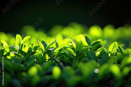 A close-up of green leaves on the bushes, captured in a dark room with a blurred background. 