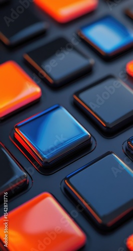 Close-up of a grid of glossy, colorful, square buttons