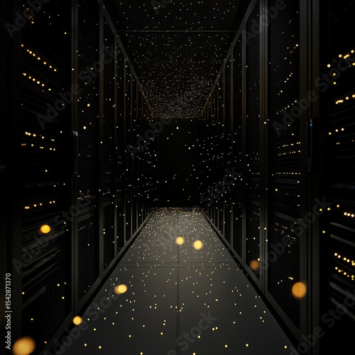 Dark server room hallway, glowing particles (1)
