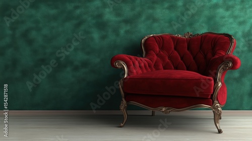 Luxurious vintage red velvet loveseat sofa with ornate wooden legs and detailed piping against emerald green textured wall