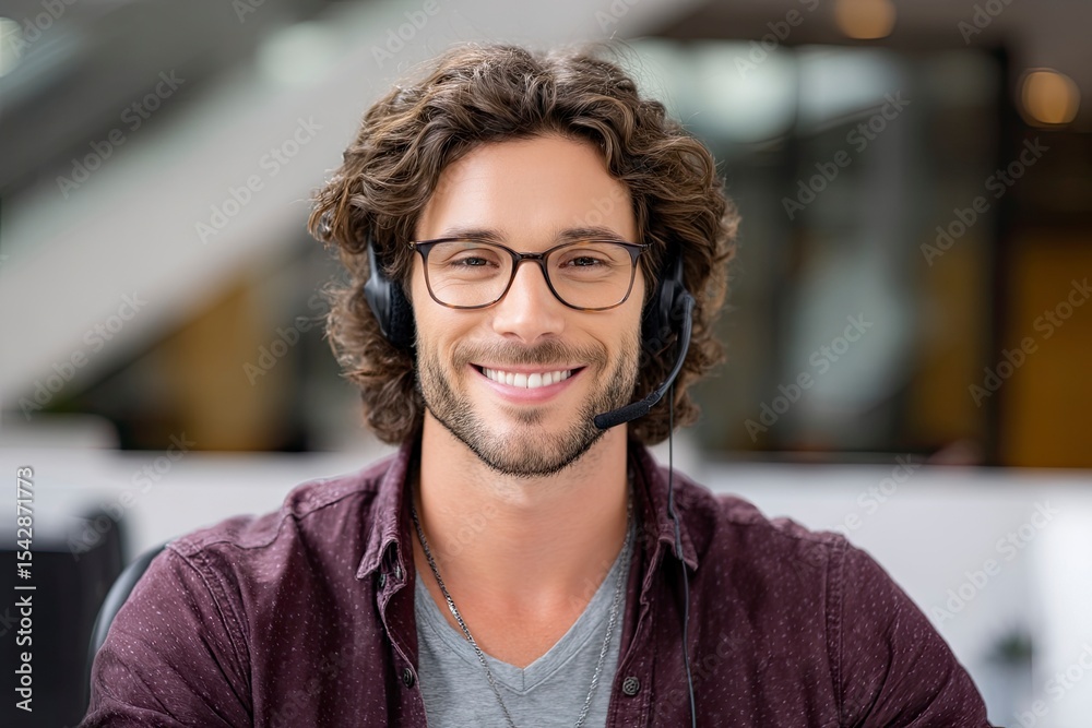 Obraz premium Man with headset smiles Curly hair glasses button shirt neutral background
