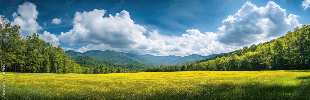 Fototapeta premium Panoramic view of a meadow with mountains and forests under a partly cloudy sky