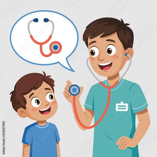 Cartoon illustration of a doctor examining a child with a stethoscope and a speech bubble above