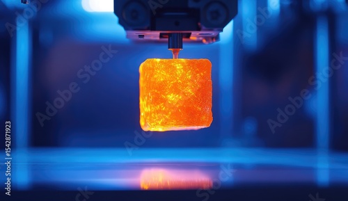 3D printer extruding glowing orange cube (1)