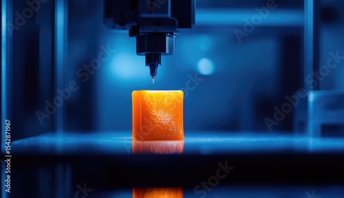 3D printer in action, depositing orange material onto a cube