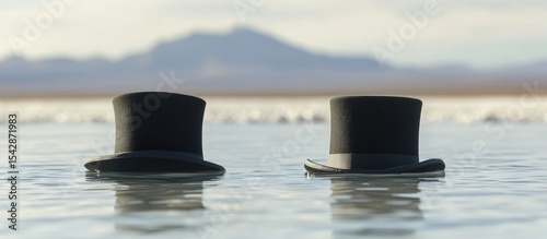 Two top hats float on tranquil water,  mountains in the background