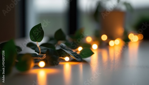 Warm lights and greenery on a table