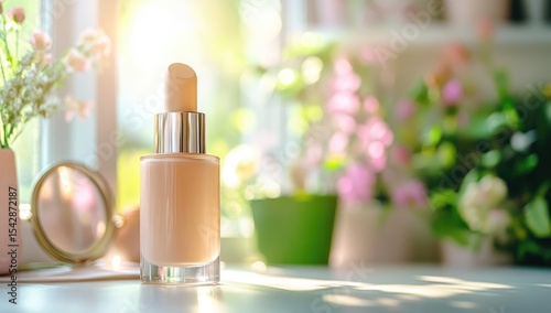 Beige bottle of foundation on a windowsill, sunlight, flowers