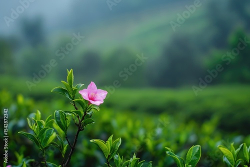 Delicate pink flower amidst a lush green tea plantation