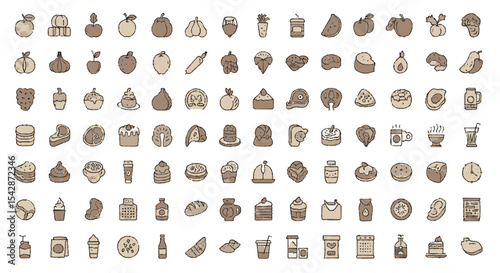 Collection of various food and drink icons in a grid pattern, featuring fruits, vegetables, desserts, and beverages.
