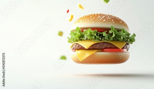 Delicious burger in mid-air, topped with cheese, lettuce, tomato, and sesame seeds