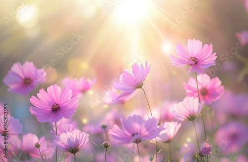 Pink cosmos flowers bathed in sunlight (2)