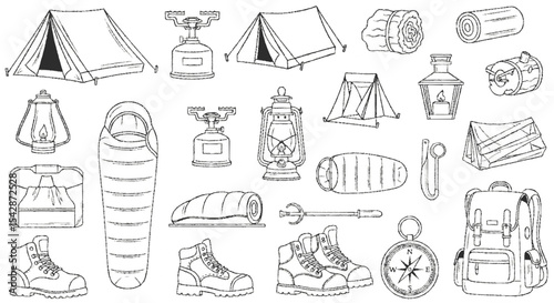 Line art illustration of camping equipment: tents, stoves, lanterns, sleeping bags, boots, backpacks, compass, and rolled mats.