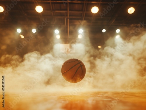 Basketball in a smoky arena, spotlights