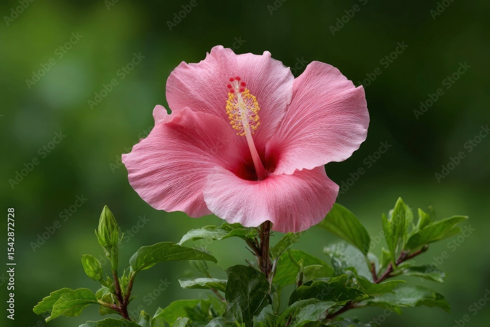 Fototapeta premium Pink hibiscus bloom yellow stamens lush green leaves against blurred green backdrop