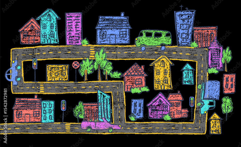 Naklejka premium Cityscape in colorful crayon and wax doodle style. Doodle cars, houses, garden and road with traffic light drawn with charcoal squiggles for kids and kindergarten. Vector art of a baby-friendly