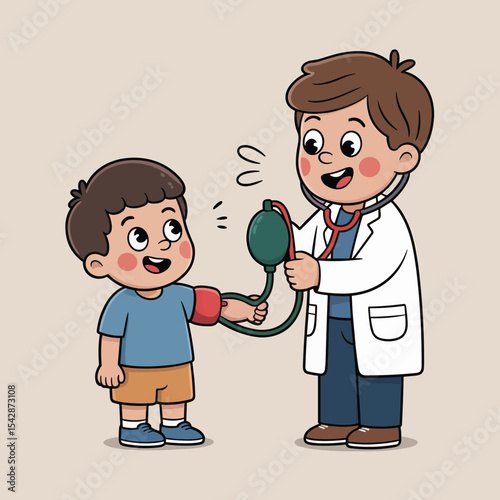 A cartoon doctor taking a young boy's blood pressure with a sphygmomanometer and stethoscope in a clinic