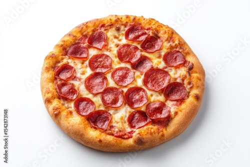 Round pepperoni pizza with a golden crust sits on a plain background