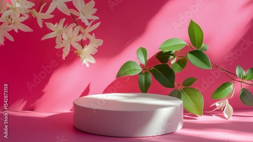 Animation of empty product display podium on bright pink background with white Stephanotis leaves and shadows
