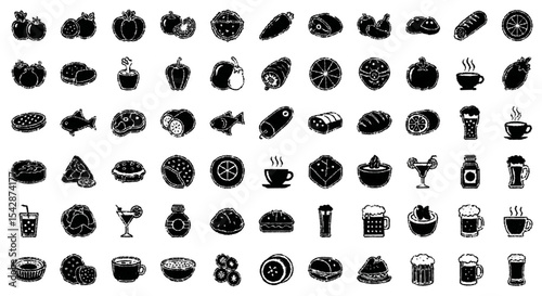 Culinary Icon Array: A comprehensive arrangement of culinary icons showcasing a diverse range of food and drink symbols.