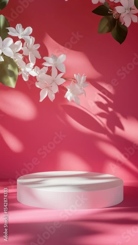 Animation of empty product display podium on bright pink background with white Stephanotis leaves and shadows
