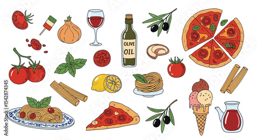 Vibrant Italian Cuisine Illustration: Pizza, Pasta, Tomatoes, Olives, and Gelato