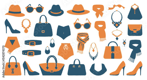 Fashion Essentials: A stylish collection of fashion accessories artfully arranged in a visually appealing layout