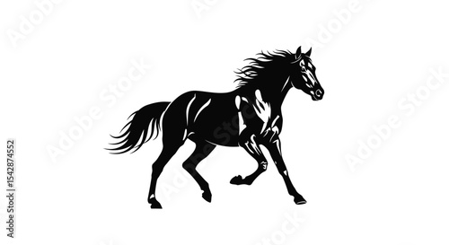 Silhouette of a Running Horse in Black and White, Isolated